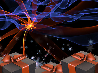 五颜六色和条纹的盒子与礼物在黑暗的抽象空间背景上系上蝴蝶结。