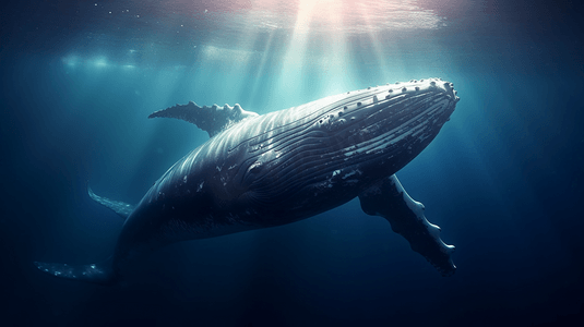 海洋中的一头座头鲸，它身上闪耀着光芒