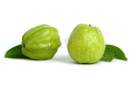 两个绿色水晶番石榴果实，叶子在白色背景下被隔离