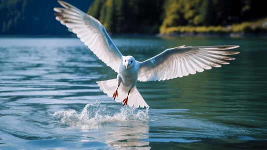 白色小鸟摄影照片_白天在水面上飞行的白色小鸟