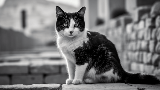 一只黑白相间的猫坐在石头地板上