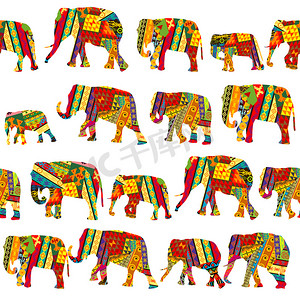 无缝模式与民族图案中的大象