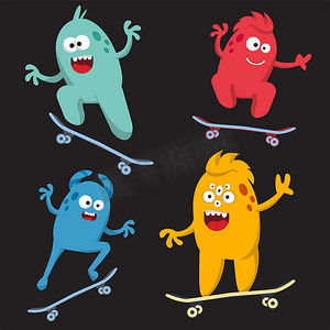 万圣节卡通怪物摄影照片_一组骑滑板的欢快多彩的卡通怪物。