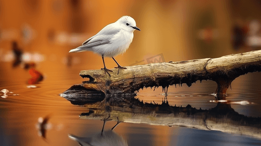 白天水面上棕色木棍上的白色小鸟