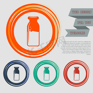 奶瓶图标摄影照片_红色、蓝色、绿色、橙色按钮上的传统牛奶瓶图标为您的网站和带有空格文本的设计。