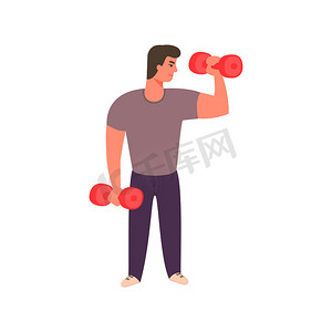 强壮的男人用哑铃锻炼。