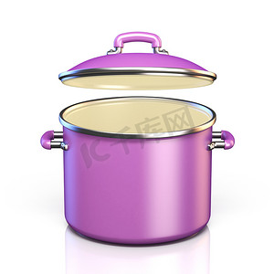 紫色背景大图摄影照片_紫色烹饪锅打开盖子 3D 渲染图