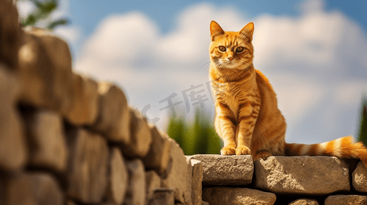坐在石头摄影照片_一只橙色的猫坐在石头人行道上