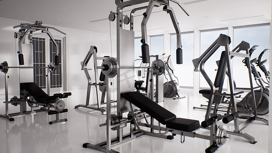 设计培训摄影照片_空的现代健身房内部 3d 渲染，运动器材，现代 fi