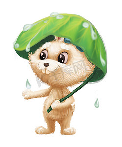 可爱的毛茸茸的兔子-雨中带伞的卡通动物角色吉祥物