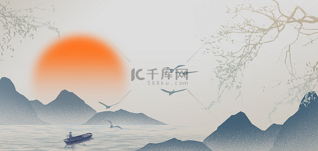 船只背景图片_中国风远山浅色水墨海报背景