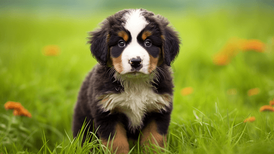 白天，黑色、白色和棕色的伯恩山犬幼犬在绿色的草地上