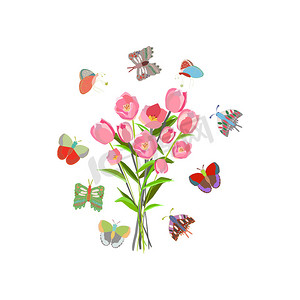 手绘蝴蝶花卉摄影照片_一束粉红色的郁金香和蝴蝶插图。
