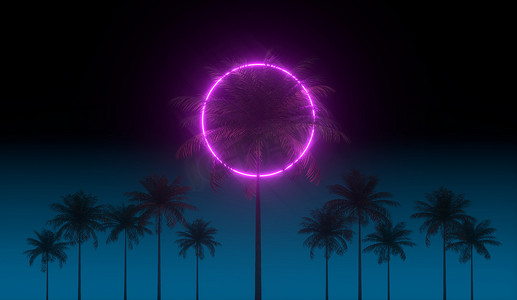 3D 蒸汽波渲染背景与霓虹灯圈、棕榈树和夜蓝天。 