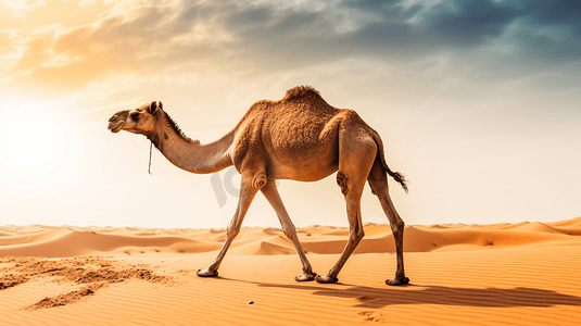 行走的骆驼摄影照片_行走在沙漠中的棕色骆驼