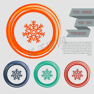 雪花元素摄影照片_红色、蓝色、绿色、橙色按钮上的雪花图标为您的网站和带有空格文本的设计。
