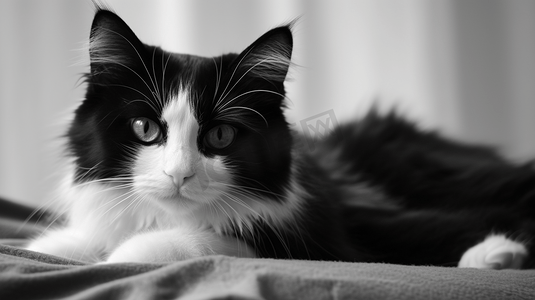 黑白动物摄影照片_黑白相间的猫躺在白色纺织品上