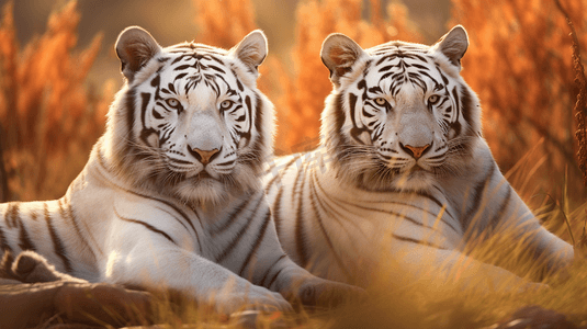 卡通日系动物摄影照片_地上的两只橙白相间的老虎