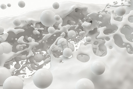 纯度飞溅的牛奶与飞行球体，3d 渲染。