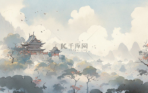 绿野森林背景图片_简约水墨古风山脉森林风景背景