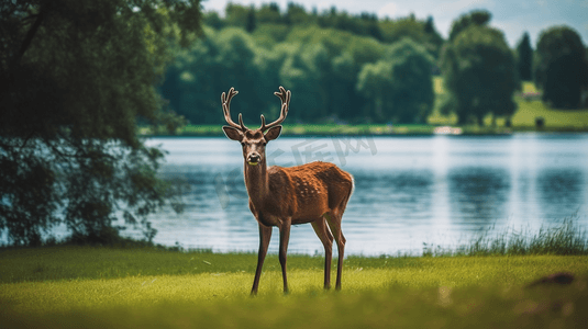 棕摄影照片_白天，棕鹿在湖边的绿色草地上