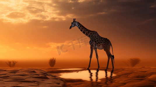 沙滩上的夕阳摄影照片_夕阳下站在棕色沙滩上的长颈鹿