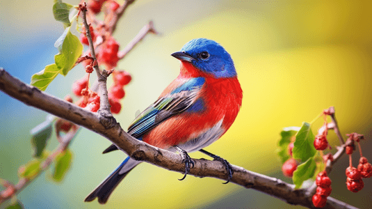 一只红蓝相间的鸟在树枝上