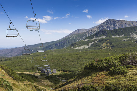 wierch摄影照片_波兰塔特拉山 Kasprowy Wierch 峰的缆车。