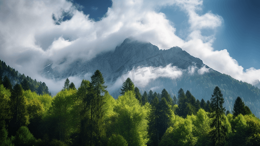 白天白云下的绿树和山