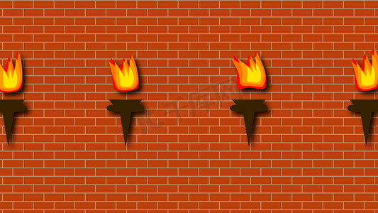 砖红墙，带有卡通风格的明亮火炬，3d 渲染背景，计算机生成