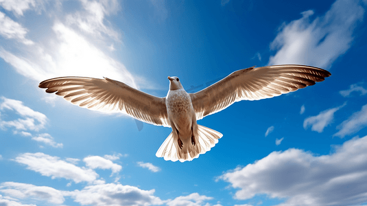 蓝天飞行摄影照片_白天在蓝天下飞行的棕色和白色的鸟