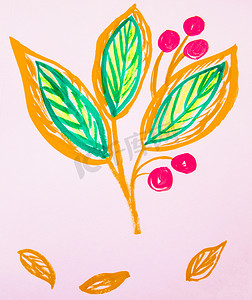水彩绿色水彩叶子摄影照片_可爱的手绘水彩花茎，有叶子和浆果。
