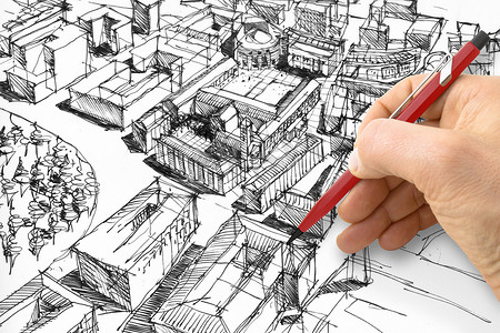 规划一座新城市 — 工程师建筑师用铅笔绘图