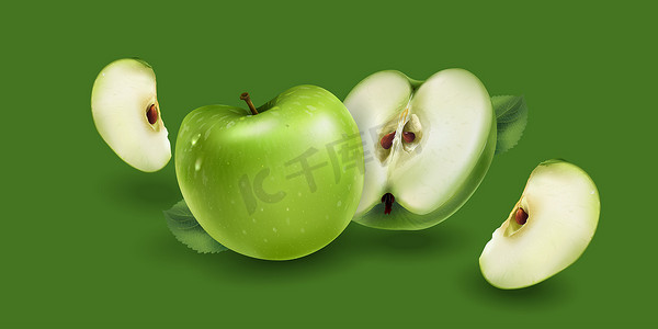 创意青苹果摄影照片_绿色背景中的青苹果
