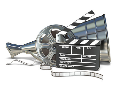 扩音器、影片卷轴和电影拍板 3D