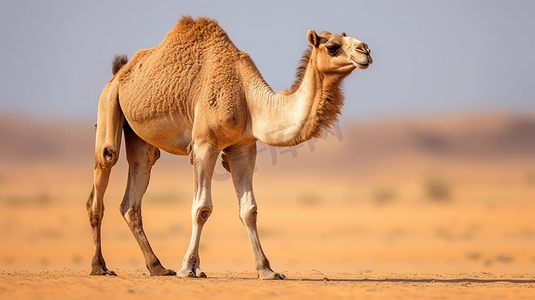 行走的骆驼摄影照片_行走在沙漠中的棕色骆驼