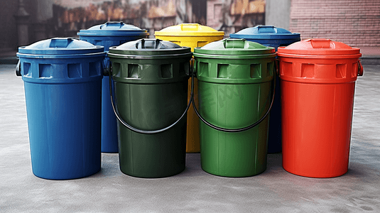 垃圾分类摄影照片_彩色的垃圾分类桶