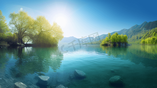 白天蓝天下绿树湖泊