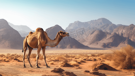 一头骆驼站在沙漠中，背景是群山