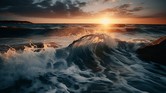日落时海浪在岸上撞击