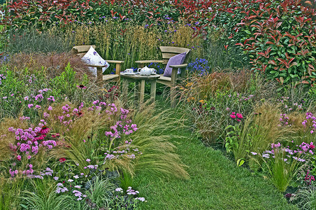 园林一角摄影照片_小屋花园的一角，展示着草和花 w