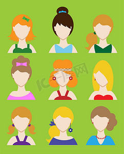 社交网络的女性头像或象形图集。