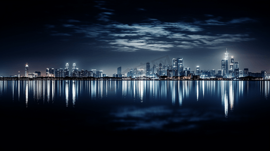 城市天际线在夜间横跨水体