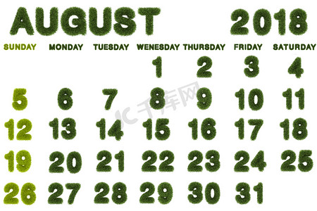 2018 年 8 月的日历，白色背景，3d 渲染绿色
