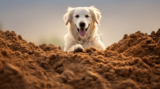 一只白色的狗躺在一堆泥土上