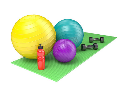 健身球、哑铃和塑料水瓶在绿色瑜伽 m