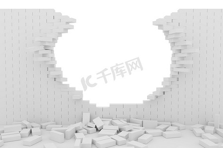 3D 渲染破坏白色背景上的白色砖墙