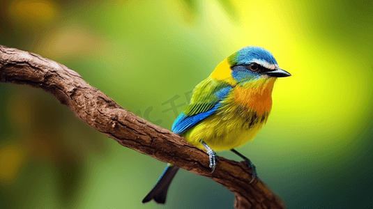 绿黄摄影照片_树枝上的绿、黄、蓝三色鸟
