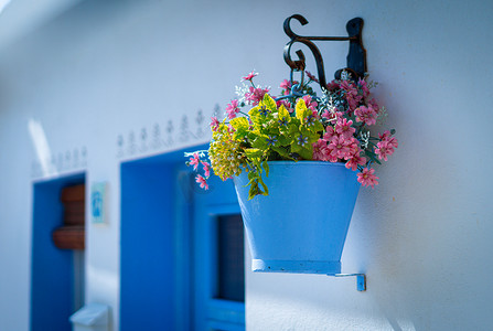 传统地中海渔村的白墙上挂着蓝色桶中的粉红色花朵