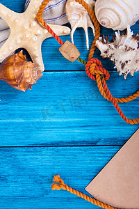 暑假蓝色背景，有广告空间和海洋主题（贝壳、海星、海结、锚、领结）